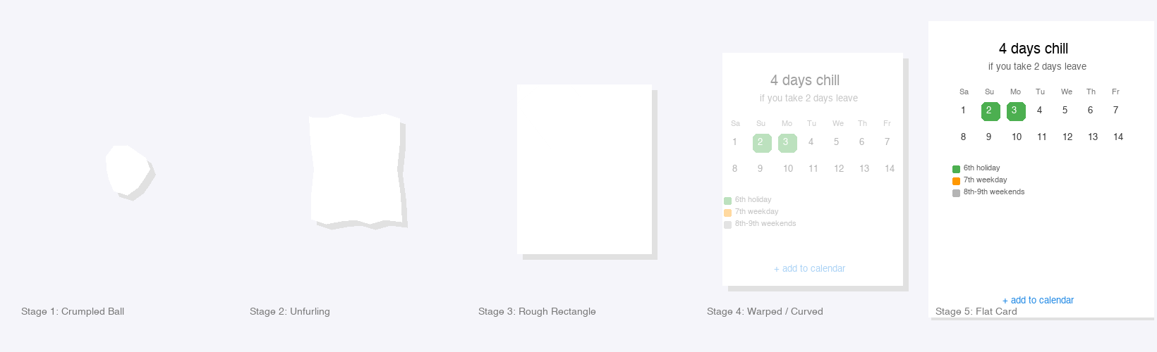 5 stages of paper crumple: from ball to flat card