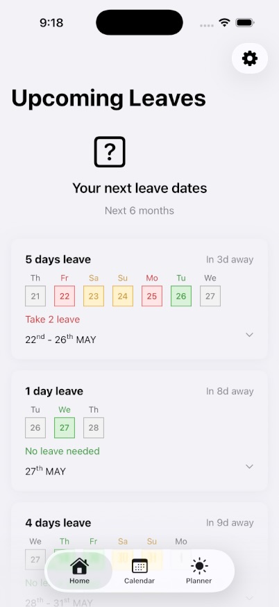 Upcoming leaves dashboard